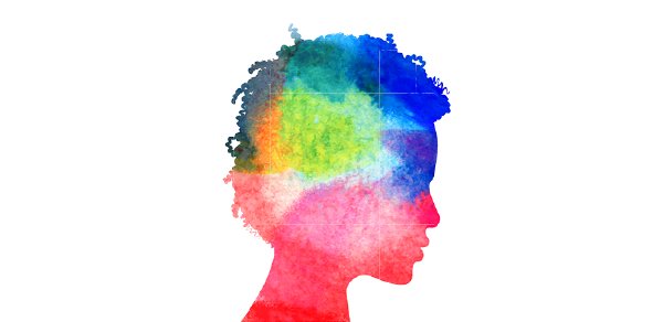 Painting of a person in profile make up of multiple colors